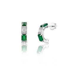 Emerald and Diamond Huggie Earrings - 18K White Gold