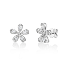 Flower Stud Earrings - 18K White Gold