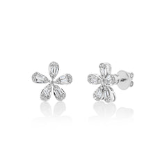 Mini Diamond Flower Studs - 18K White Gold